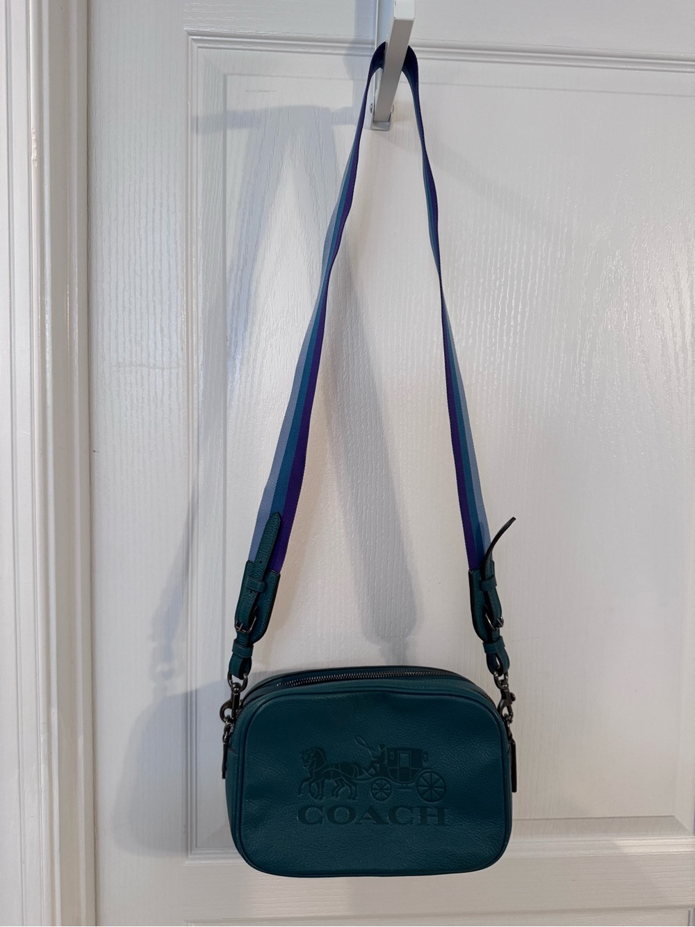 Coach Jes Teal Leather Crossbody with Blue-Purple Strap